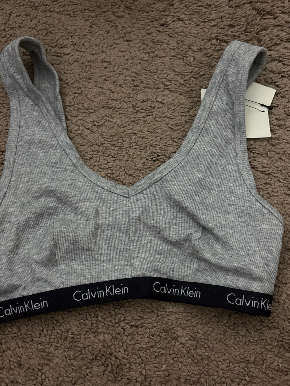 Calvin Klein Underwear Light Gray Ribbed Cotton Bralette with Black Logo Band